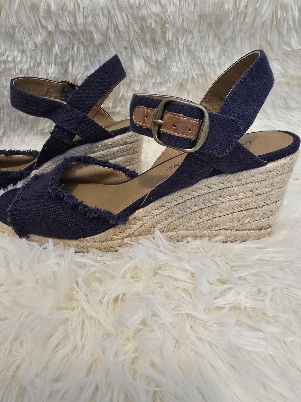Lucky Brand Navy Canvas Espadrille Wedges with Jute Platform